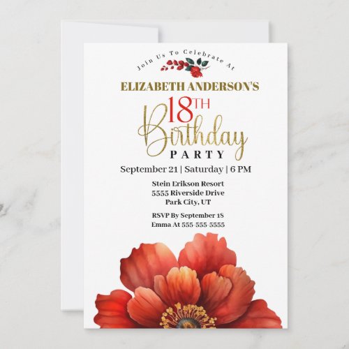 Modern Red and Gold Flower 18th Birthday Invitation