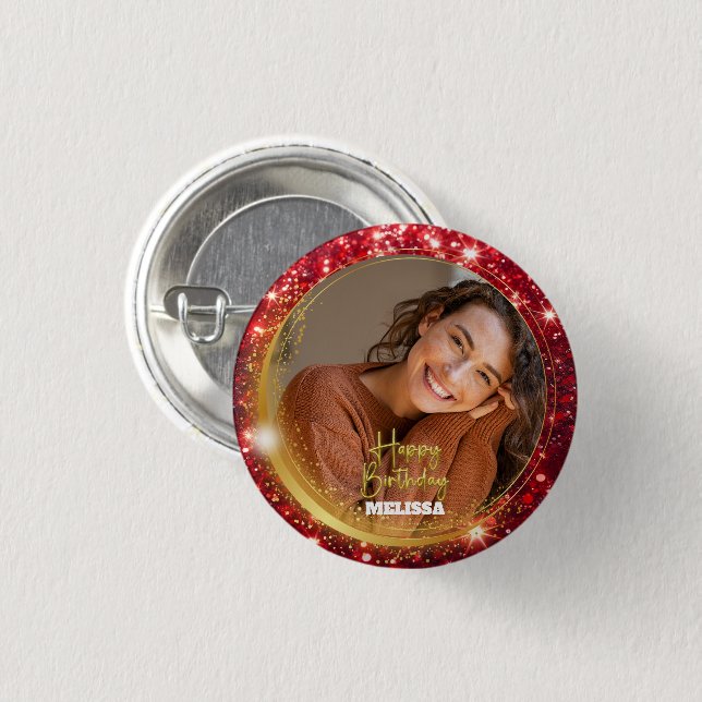 Modern Red and Gold Glitter Photo Name Birthday Button (Front & Back)