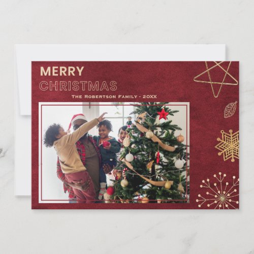 Modern Red and Gold Merry Christmas Family Photo Holiday Card
