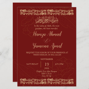 Modern Red And Gold Muslim Islamic Wedding Nikkah Invitation