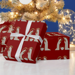 Modern Red and Gold Nativity Crib Christmas Wrapping Paper