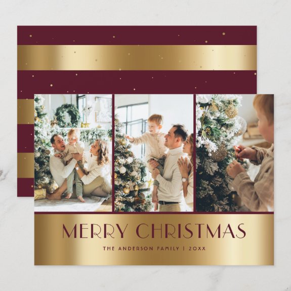 Modern Red and Gold Photo Collage Christmas Card