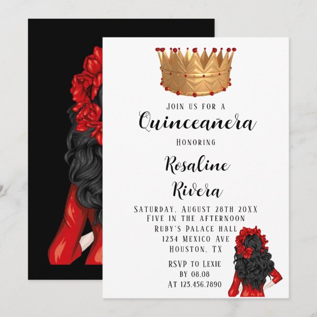 Modern Red and Gold Quinceanera Birthday Invitation (Front/Back)