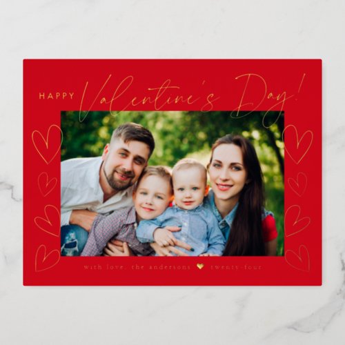 Modern Red and Gold Script Valentines Day Photo Foil Holiday Postcard