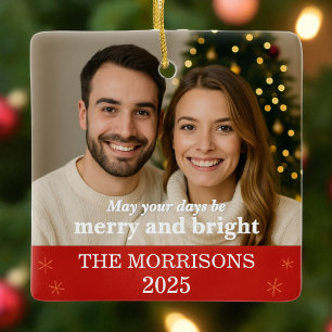 Modern Red and Gold Snowflake Family Photo Ceramic Ornament