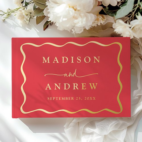 Modern Red and Gold Wavy Frame Photo Wedding Foil Guest Book