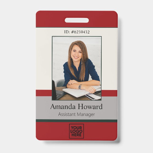 Modern Red and Gray Employee Photo ID Company Badge (Front)