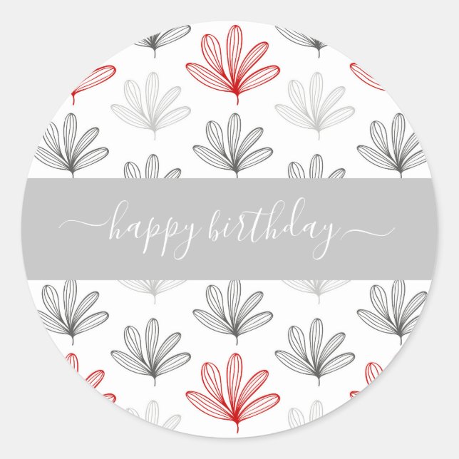 Modern Red and Gray Floral  Pattern Birthday Classic Round Sticker (Front)