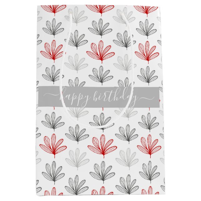 Modern Red and Gray Floral  Pattern Birthday Medium Gift Bag (Front)