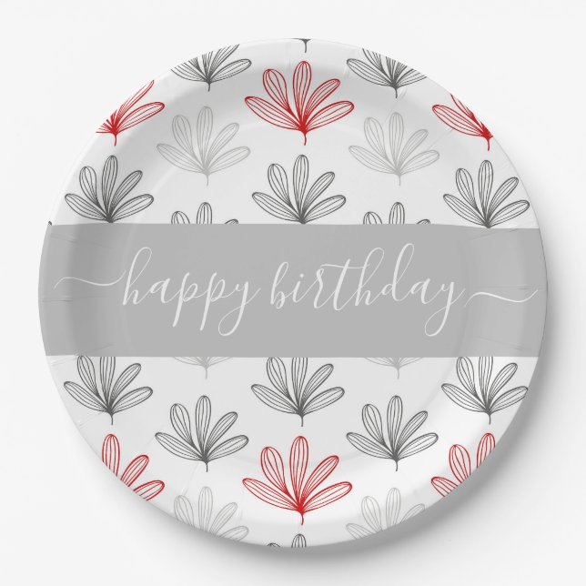 Modern Red and Gray Floral  Pattern Birthday Paper Plates (Front)