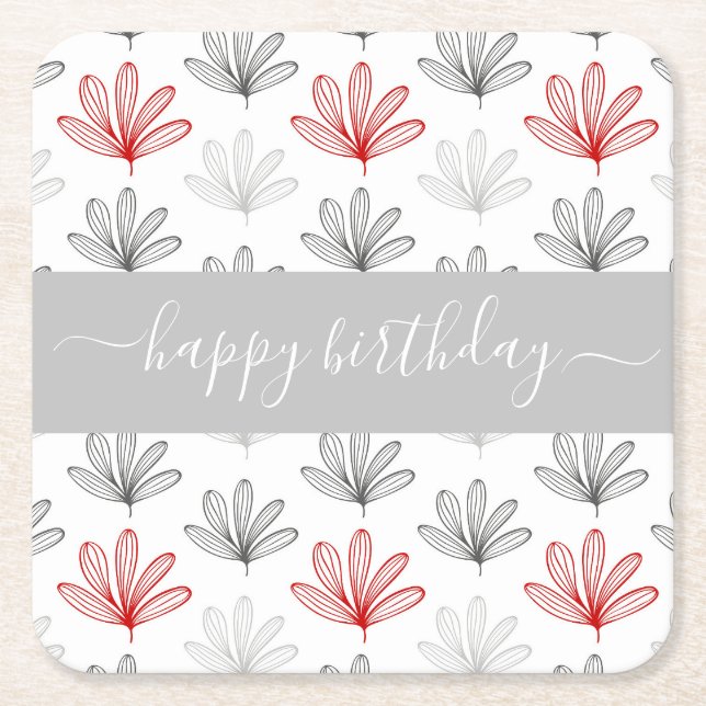 Modern Red and Gray Floral  Pattern Birthday Square Paper Coaster (Front)