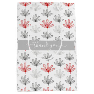 Modern Red and Gray Floral Pattern Thank You Medium Gift Bag