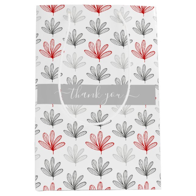 Modern Red and Gray Floral  Pattern Thank You Medium Gift Bag (Front)
