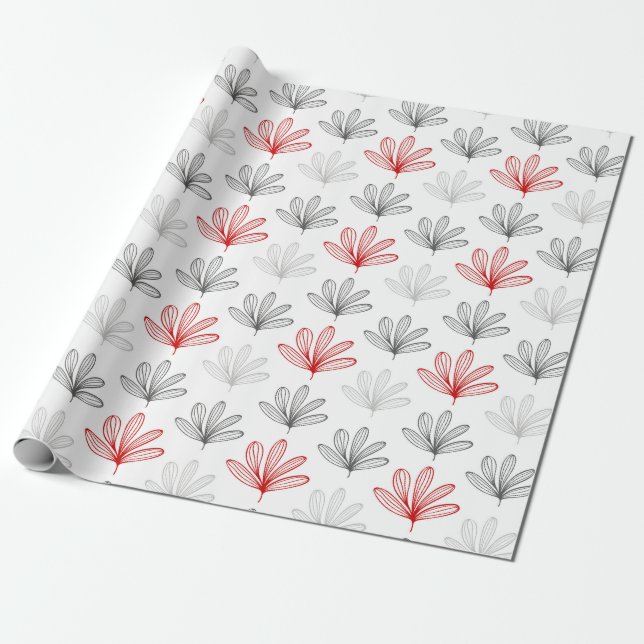 Modern Red and Gray Floral  Pattern Wrapping Paper (Unrolled)