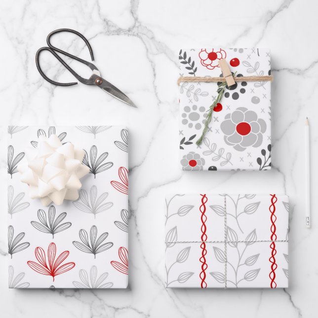 Modern Red and Gray Floral  Trio Wrapping Paper Sheets (Front)