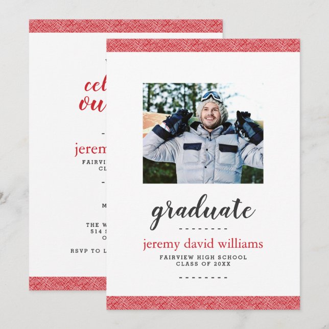 Modern Red and Gray Photo Graduation Party Invitation (Front/Back)