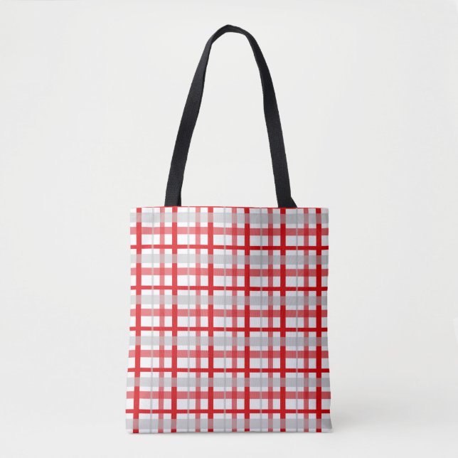 Modern Red and Gray Plaid Pattern Tote Bag (Front)
