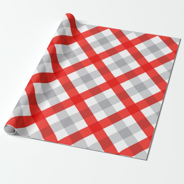 Modern Red and Gray Plaid Pattern Wrapping Paper (Unrolled)