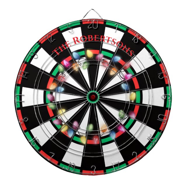 Modern Red and Green Christmas Lights Family Name  Dart Board (Front)
