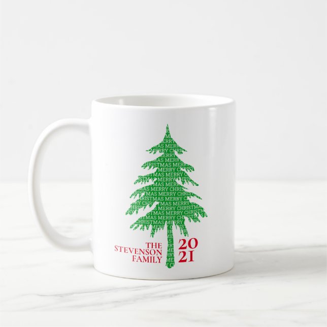 Modern Red and Green Christmas Tree Family Coffee Mug (Left)