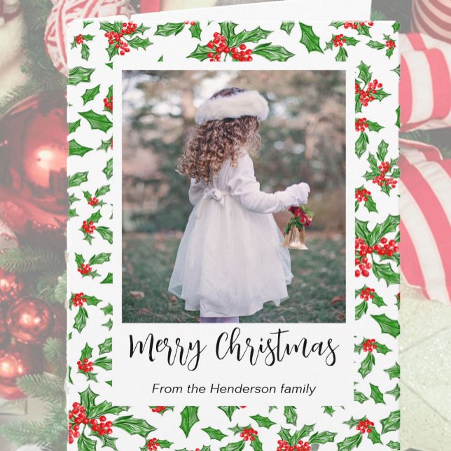 Modern Red And Green Holly Merry Christmas Photo Holiday Card (Creator Uploaded)
