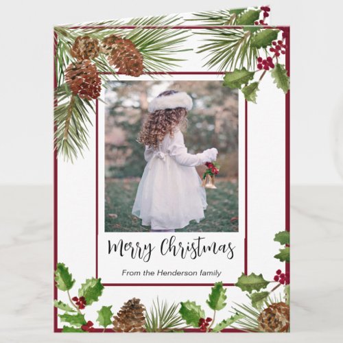 Modern Red And Green Holly Merry Christmas Photo Holiday Card