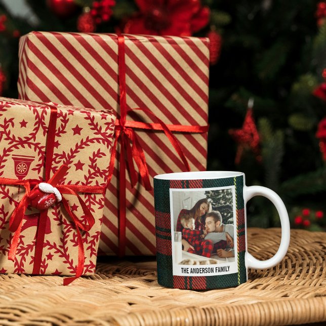Modern Red and Green Plaid Christmas Photo Collage Coffee Mug (Modern Red & Green Plaid Christmas Photo Mug)