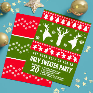 Modern Red and Green Reindeer Ugly Sweater Party Invitation