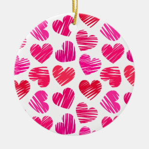 Modern Red and Pink Doodled Hearts Valentine Ceramic Ornament