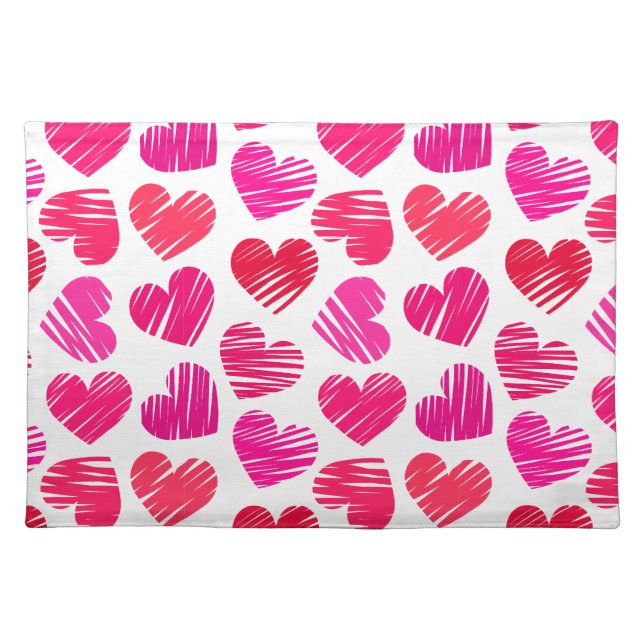 Modern Red and Pink Doodled Hearts Valentine Cloth Placemat (Front)