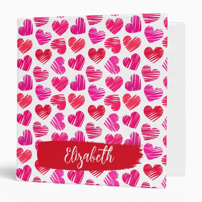 Modern Red and Pink Doodled Hearts Valentine Name  3 Ring Binder (Front/Inside)