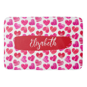 Modern Red and Pink Doodled Hearts Valentine Name  Bath Mat