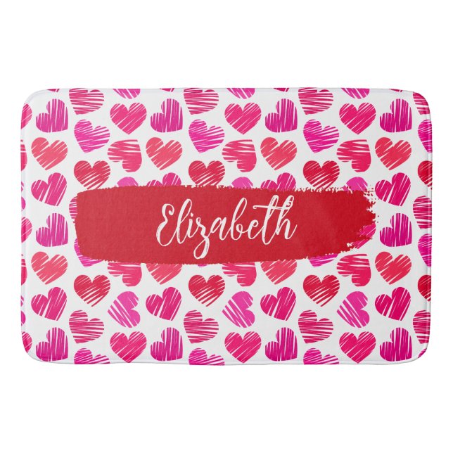 Modern Red and Pink Doodled Hearts Valentine Name  Bath Mat (Front)