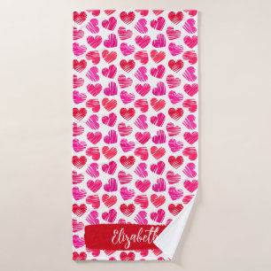 Modern Red and Pink Doodled Hearts Valentine Name Bath Towel