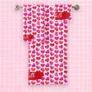 Modern Red and Pink Doodled Hearts Valentine Name Bath Towel Set