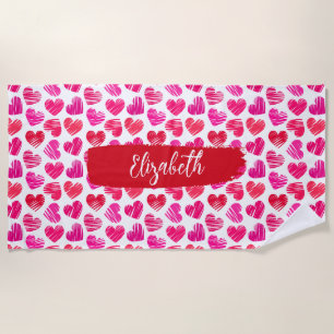Modern Red and Pink Doodled Hearts Valentine Name  Beach Towel