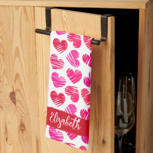 Modern Red and Pink Doodled Hearts Valentine Name  Kitchen Towel