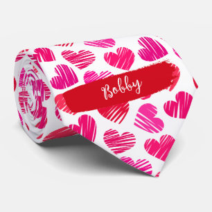 Modern Red and Pink Doodled Hearts Valentine Name Neck Tie