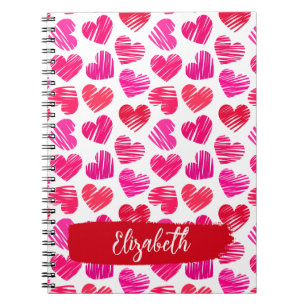 Modern Red and Pink Doodled Hearts Valentine Name  Notebook