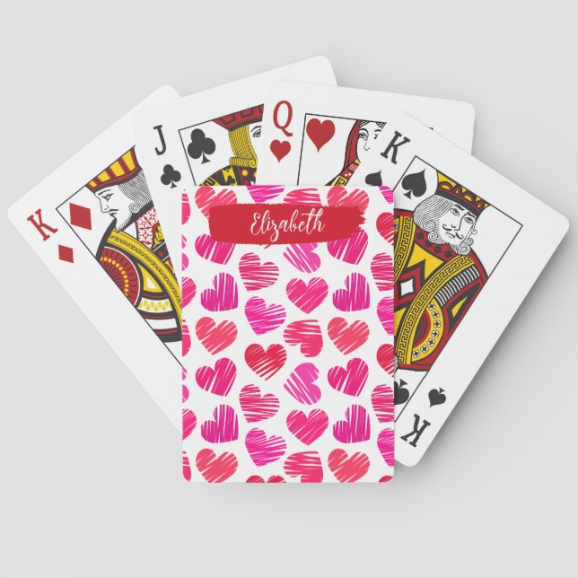 Modern Red and Pink Doodled Hearts Valentine Name  Poker Cards (Back)