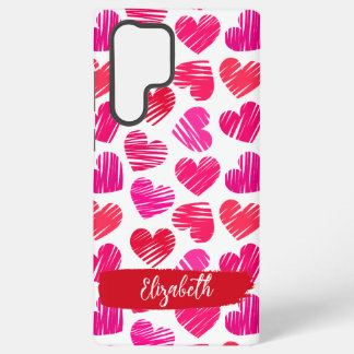 Modern Red and Pink Doodled Hearts Valentine Name Samsung Galaxy S22 Ultra Case