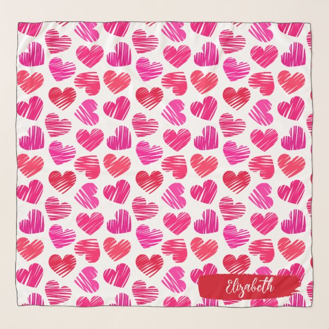Modern Red and Pink Doodled Hearts Valentine Name  Scarf (Front)