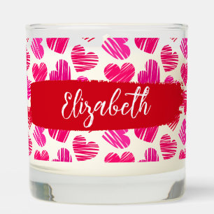 Modern Red and Pink Doodled Hearts Valentine Name Scented Candle
