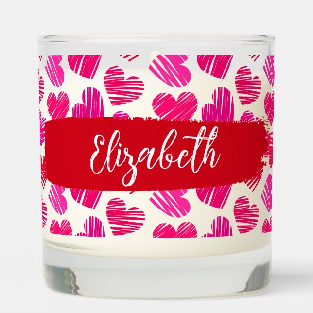 Modern Red and Pink Doodled Hearts Valentine Name  Scented Candle (Front)