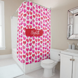 Modern Red and Pink Doodled Hearts Valentine Name Shower Curtain