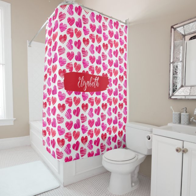 Modern Red and Pink Doodled Hearts Valentine Name  Shower Curtain (In Situ)