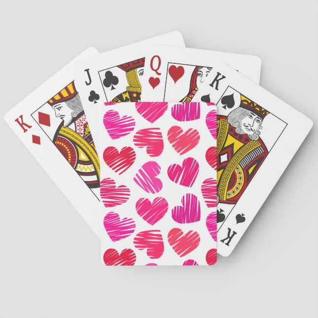 Modern Red and Pink Doodled Hearts Valentine Poker Cards (Back)