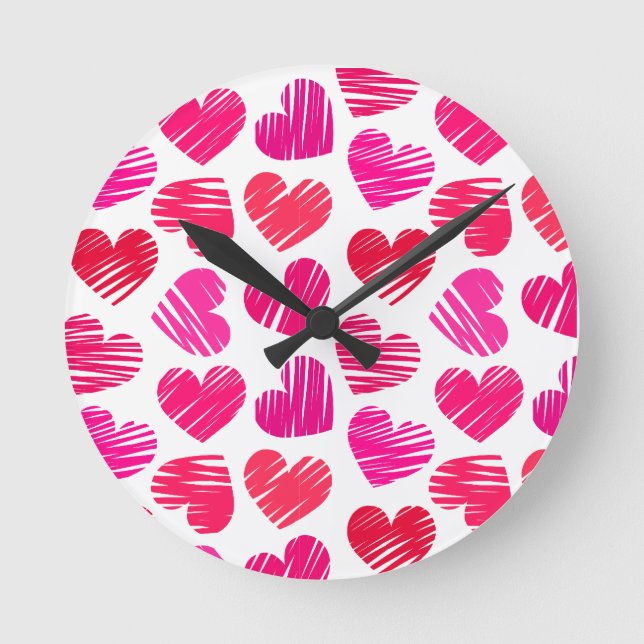 Modern Red and Pink Doodled Hearts Valentine Round Clock (Front)