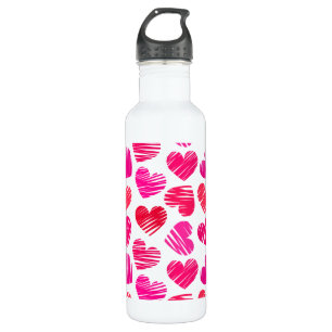 Modern Red and Pink Doodled Hearts Valentine Water Bottle