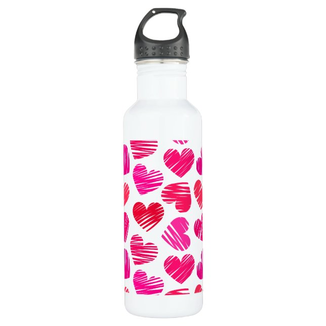Modern Red and Pink Doodled Hearts Valentine Water Bottle (Front)